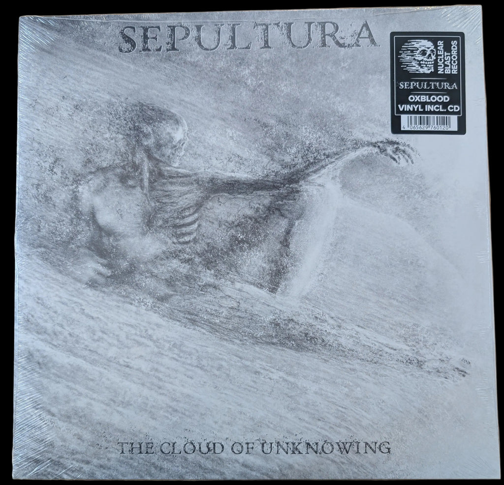 A vinyl record sleeve for the album 'The Cloud of Unknowing' by Sepultura, featuring a grayscale sketch of a skeletal figure on a light gray background, photographed on a light wood surface.